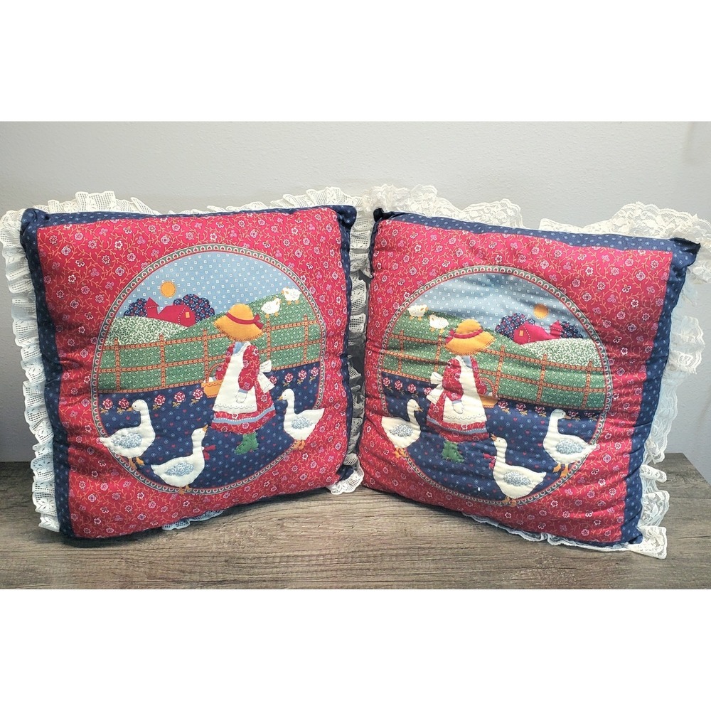 Vintage Throw Pillow Set Girl Feeding Ducks Geese Holly Hobbie Style Cottagecore